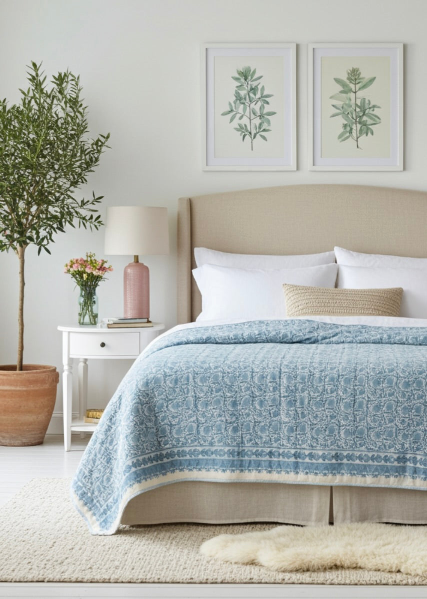 Hand Block Printed Quilt - Cornflower Blue