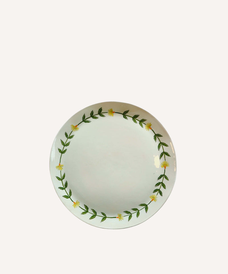 NEW: Large Round Serving Platter Pale Green Platter Yellow Daisy Chain
