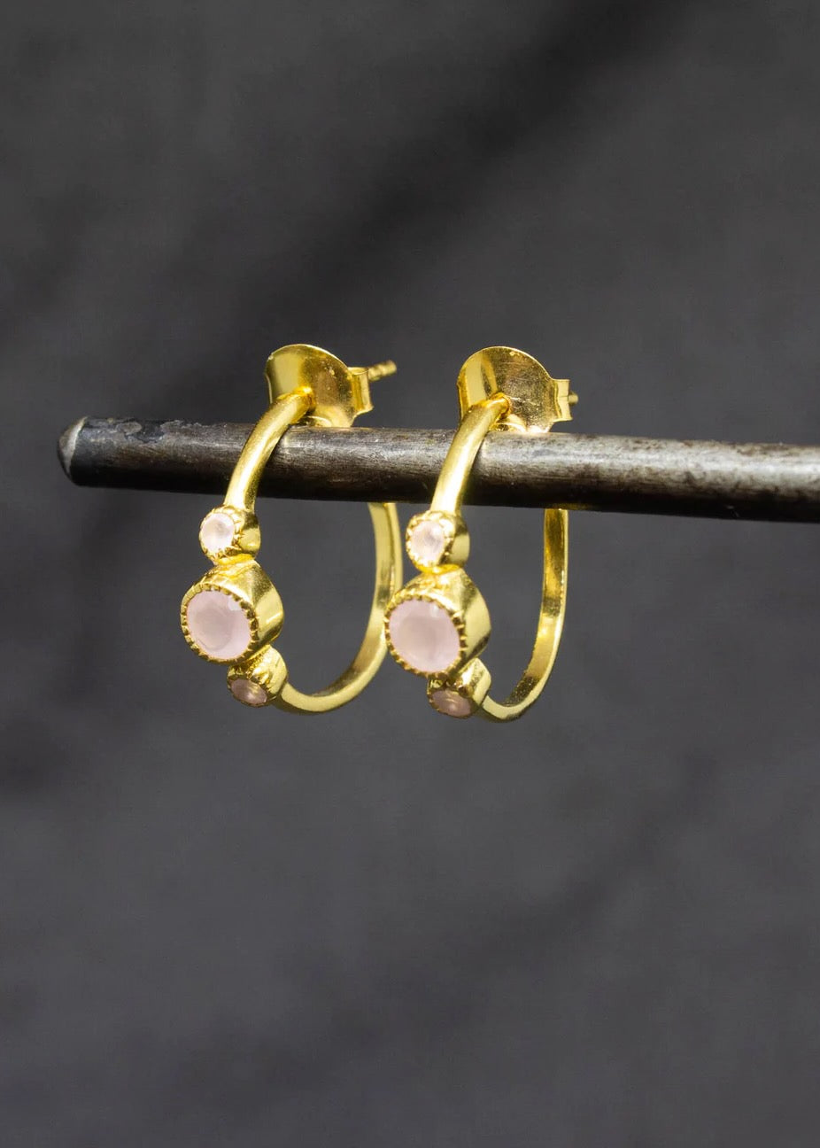 Gold & Gemstone Half Hoops in Rose Quartz