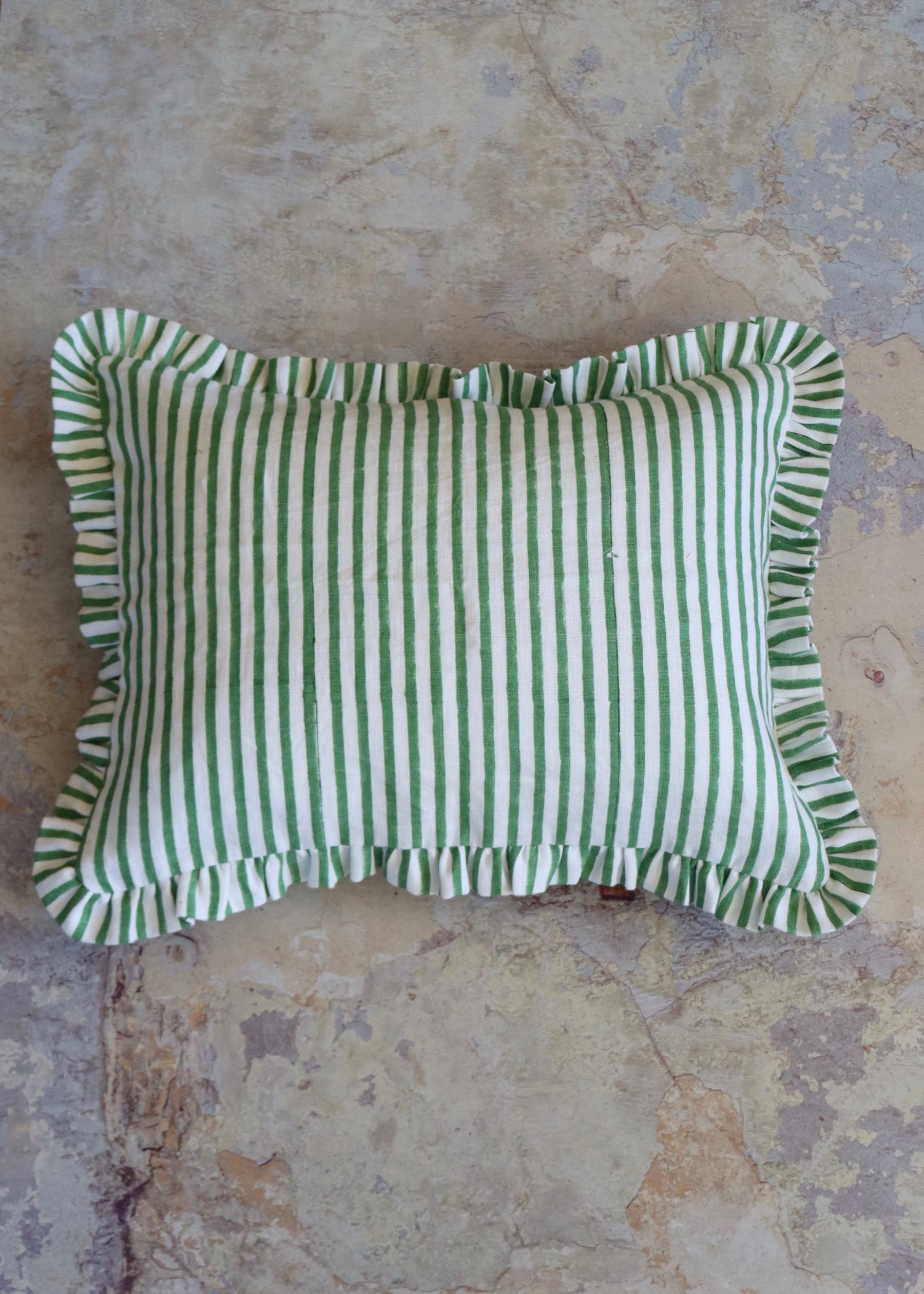 Ruffled Edge Linen Cushion - Green Stripe