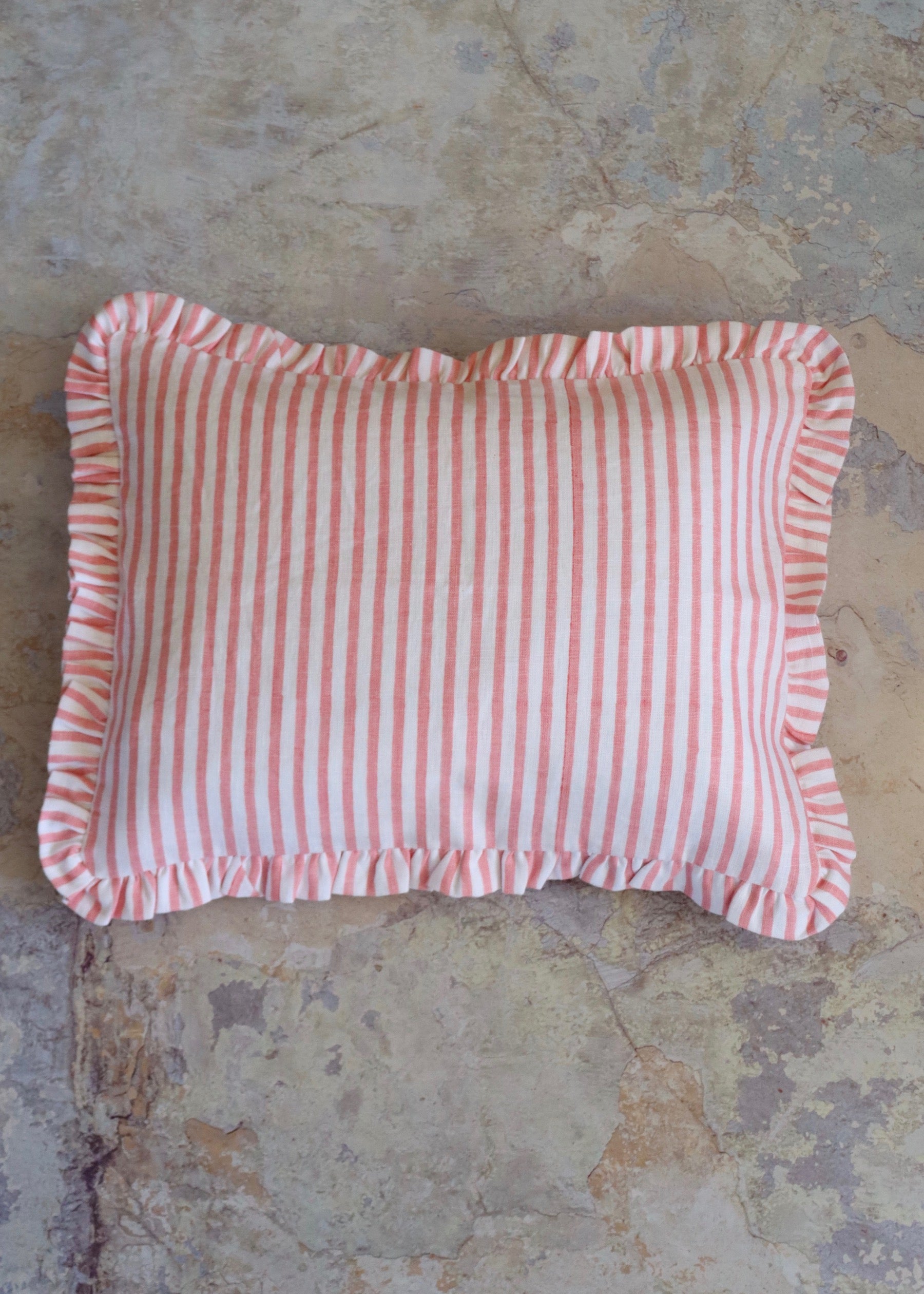Ruffled Edge Linen Cushion - Pink Stripe