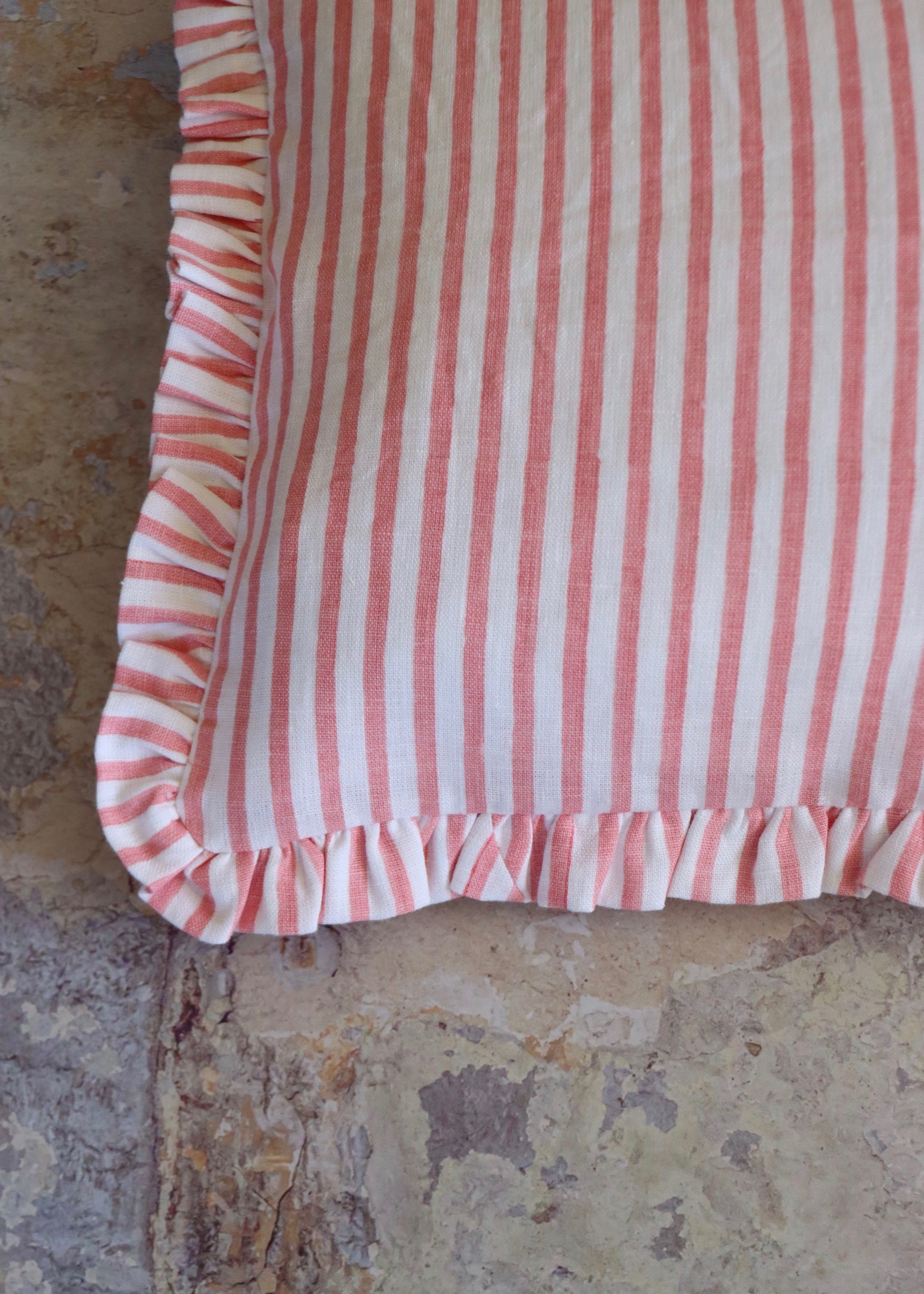 Ruffled Edge Linen Cushion - Pink Stripe
