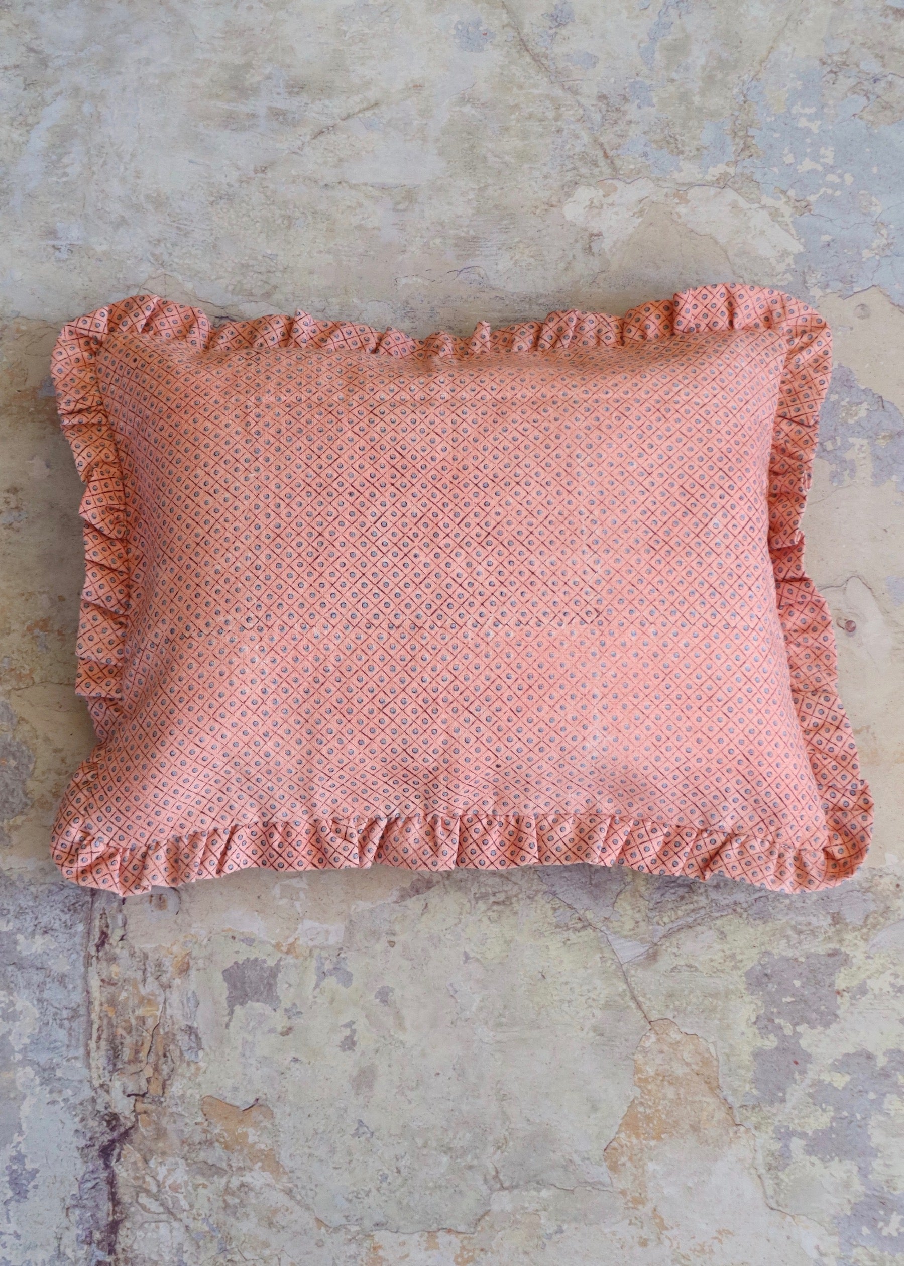Ruffled Edge Linen Cushion - Pink with Blue Dot