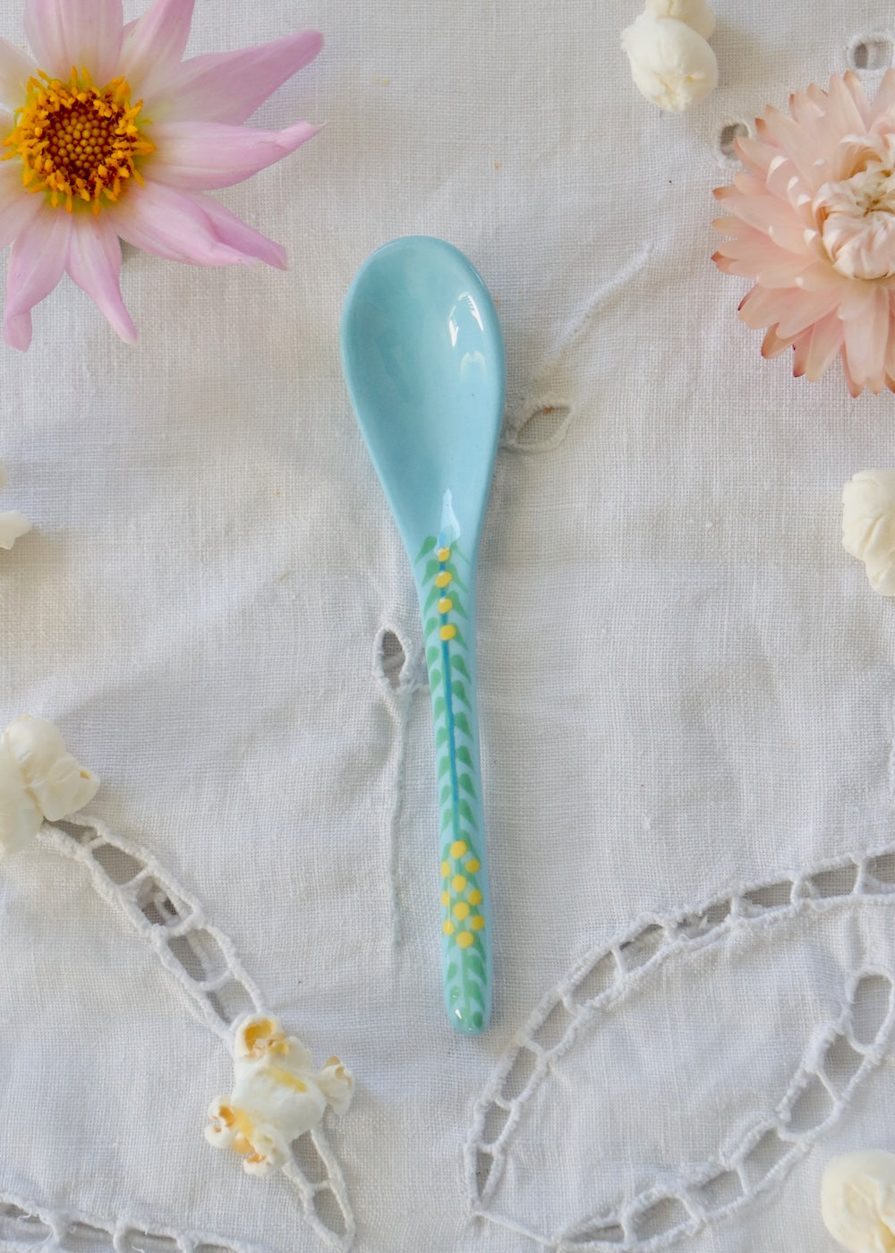Ceramic Spoon - Pale Blue with Yellow Flower