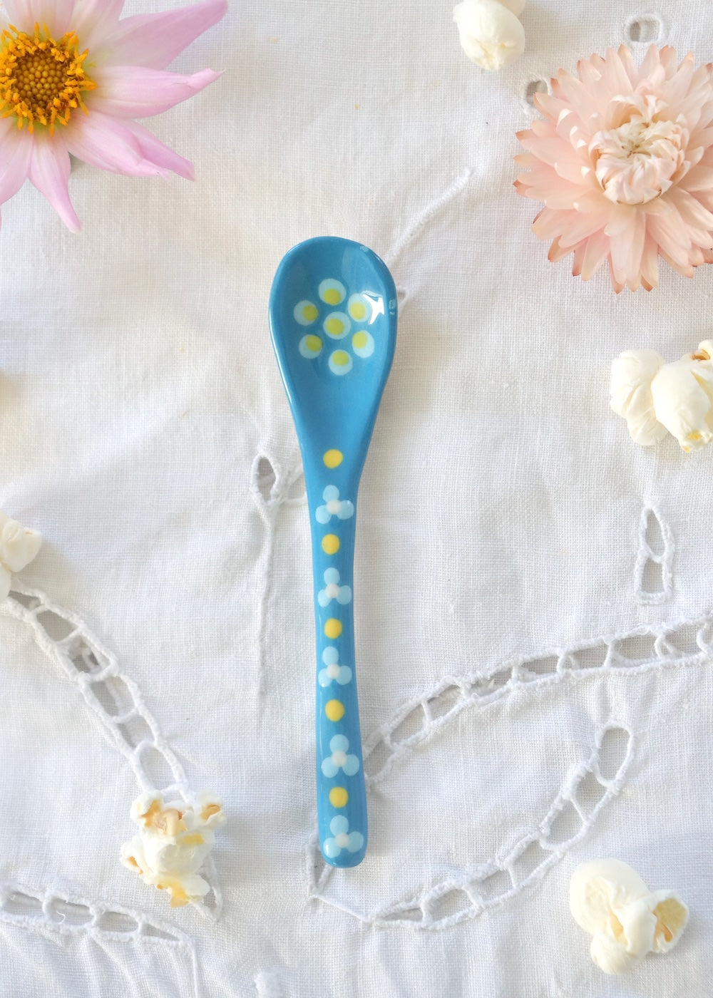 Ceramic Spoon - Mid Blue with Lime Flower