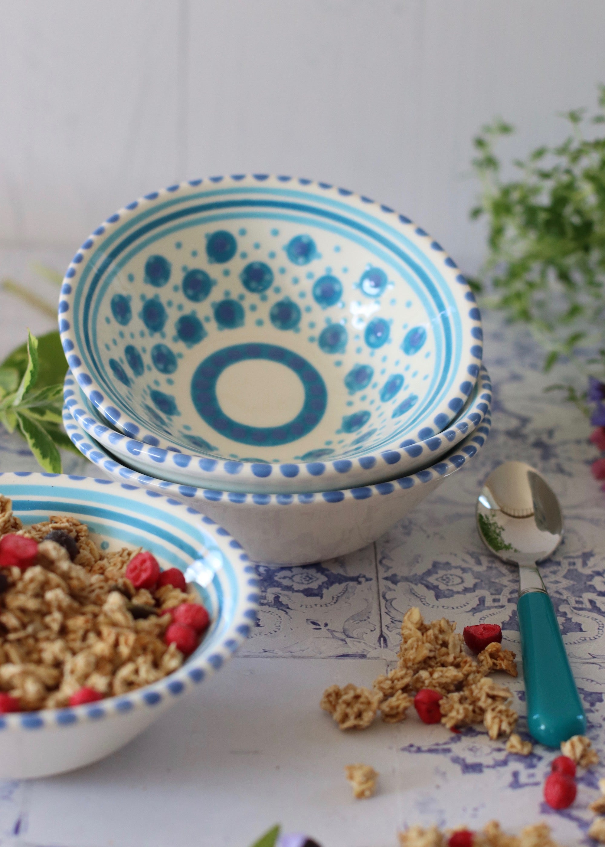 Breakfast Bowl  - White with Blue Dots
