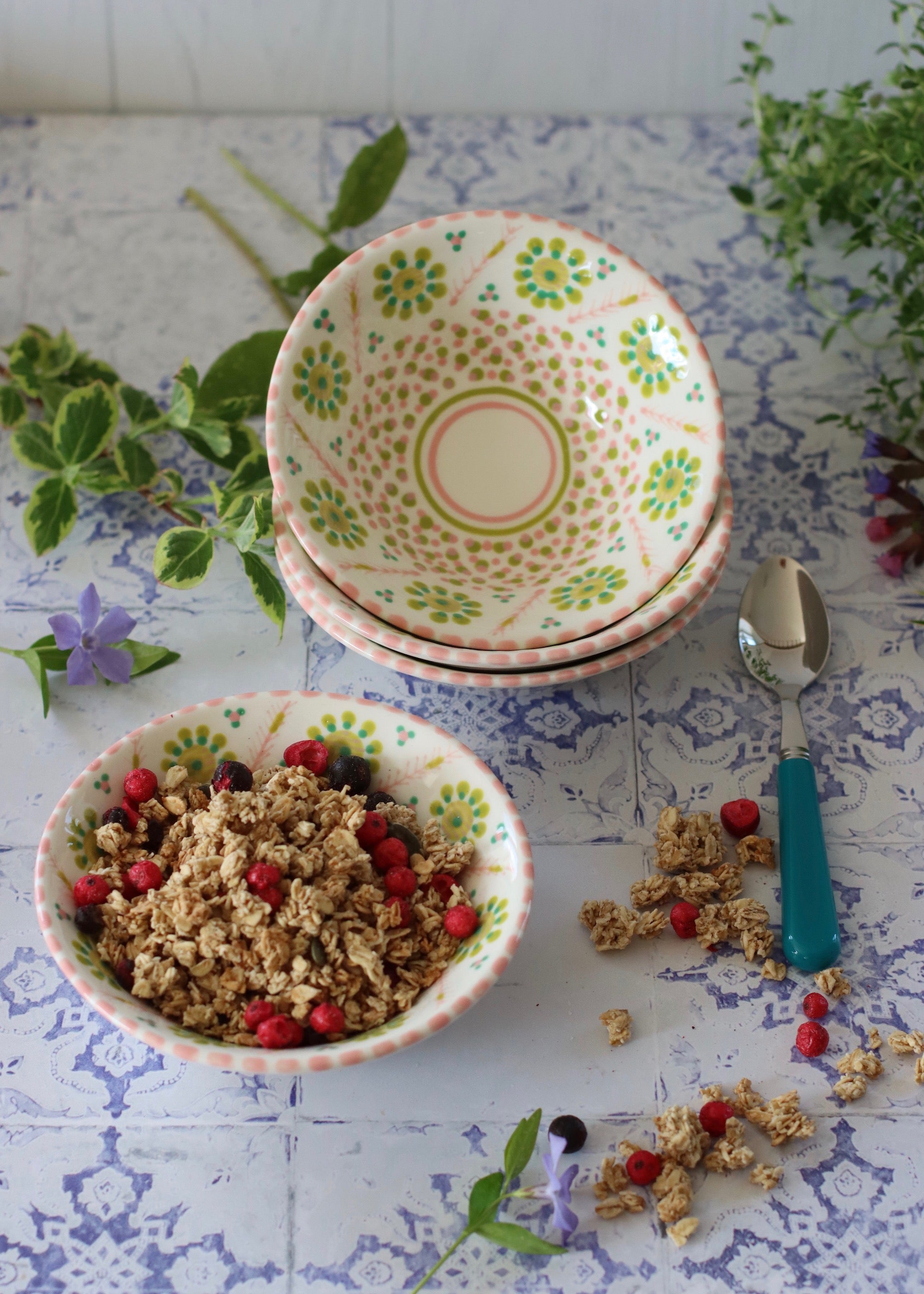 Breakfast Bowl  - White with Pink and Lime