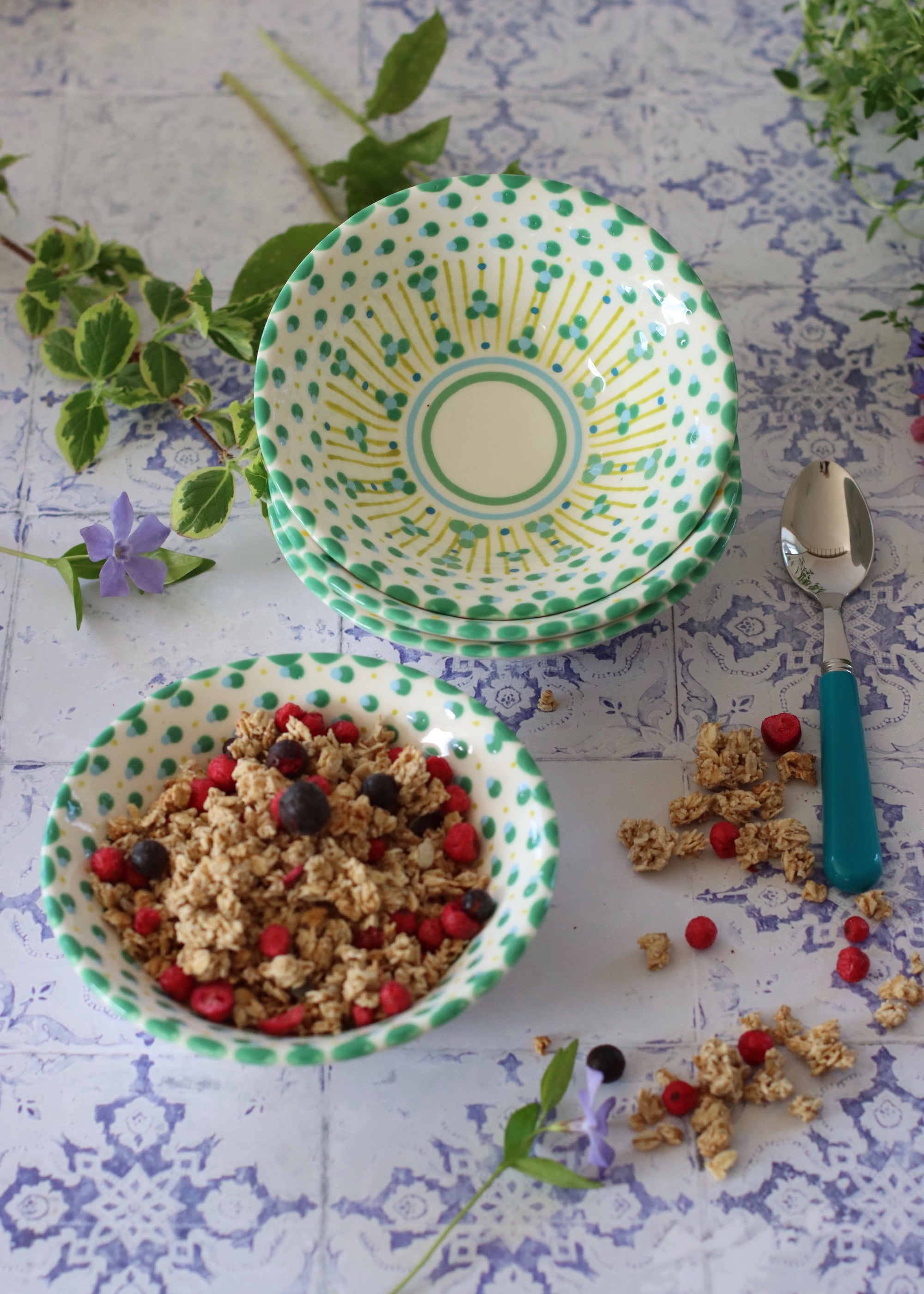 Breakfast Bowl  - White with Green