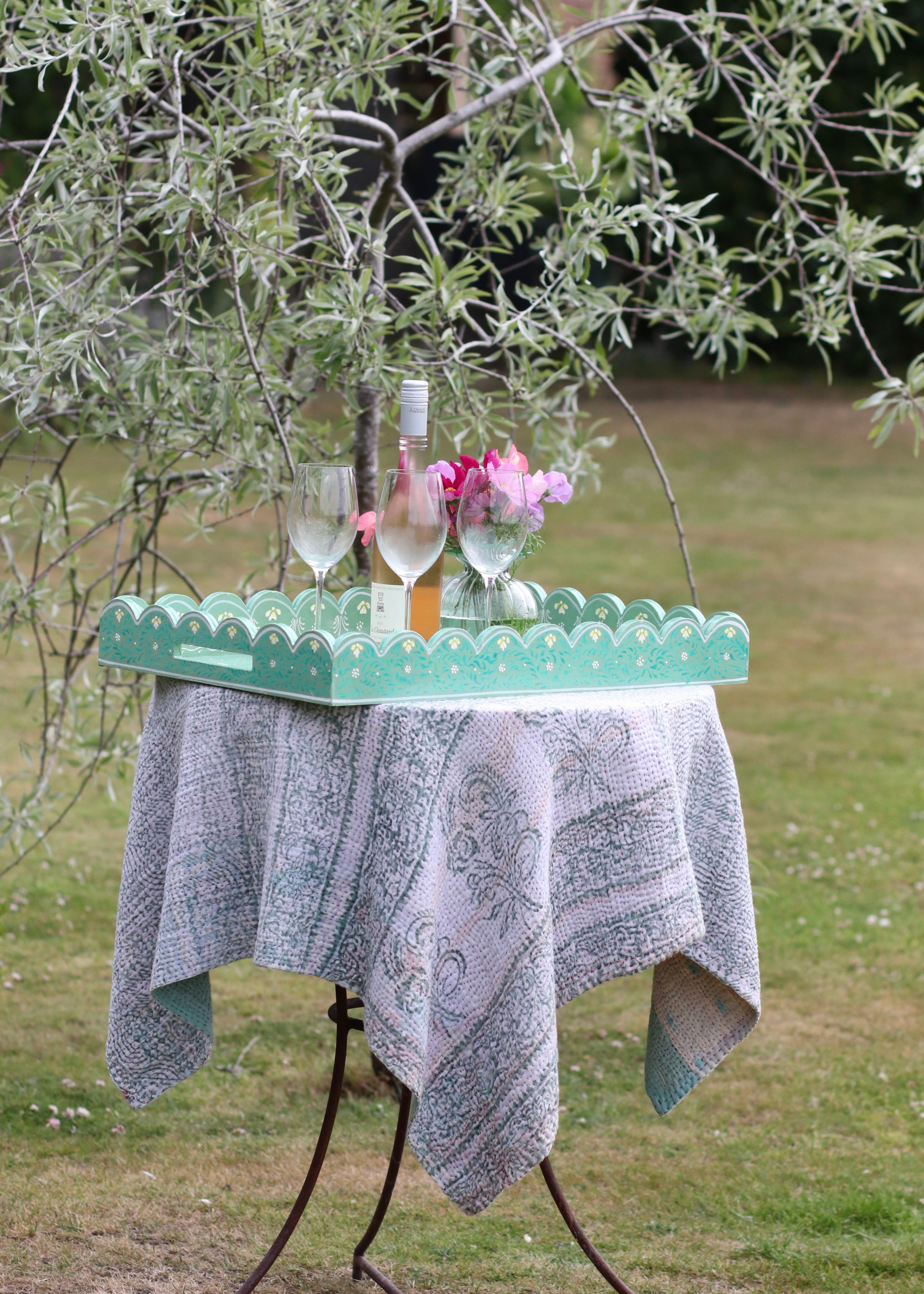 Large Scalloped Hand Painted Wooden Tray- Olive
