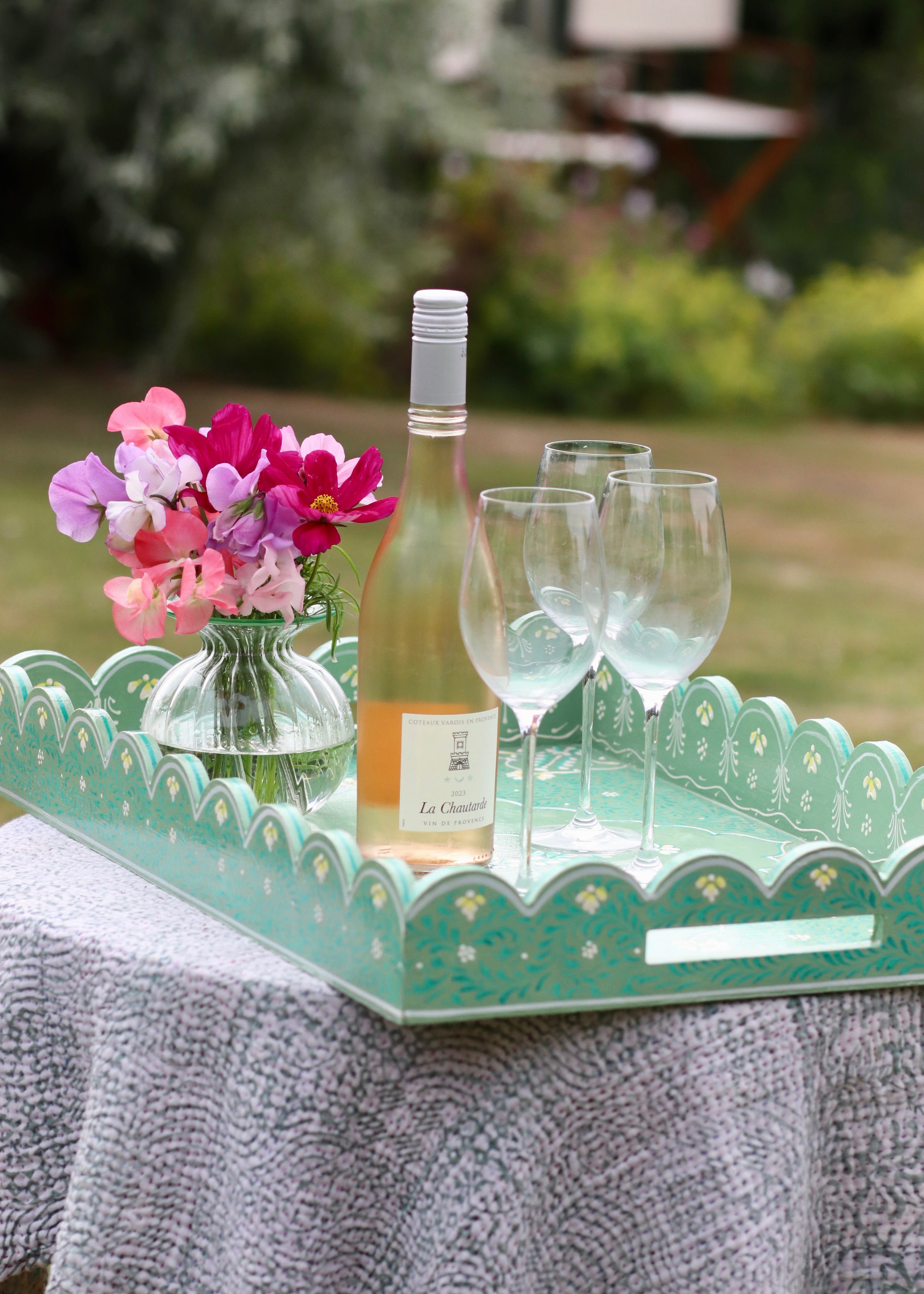 Large Scalloped Hand Painted Wooden Tray- Olive