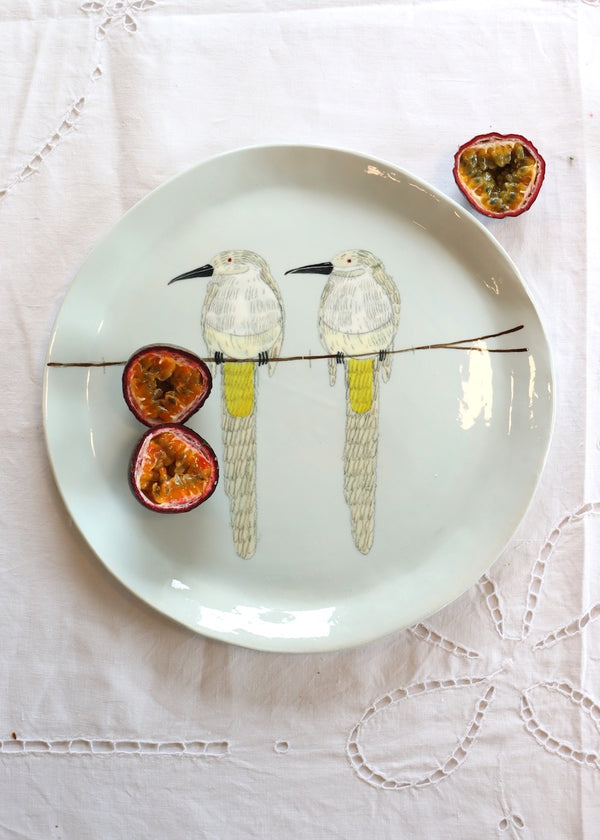 NEW: Large Round Serving Platter Two Birds Yellow Tail