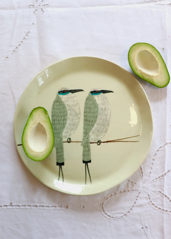 NEW: Large Round Serving Platter Two Birds Green Wings
