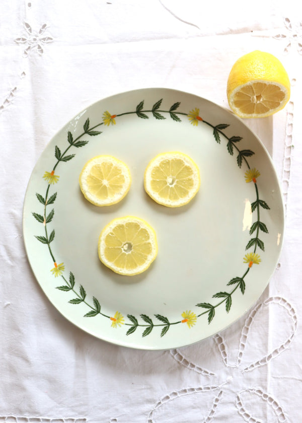 NEW: Large Round Serving Platter Pale Green Platter Yellow Daisy Chain