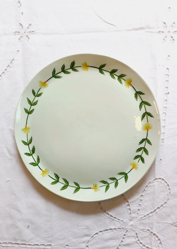 NEW: Large Round Serving Platter Pale Green Platter Yellow Daisy Chain