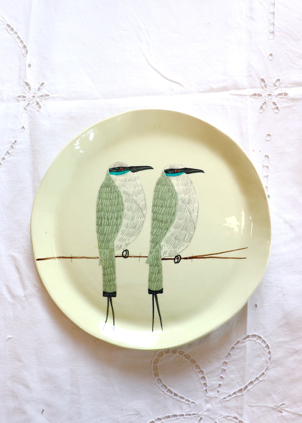 NEW: Large Round Serving Platter Two Birds Green Wings
