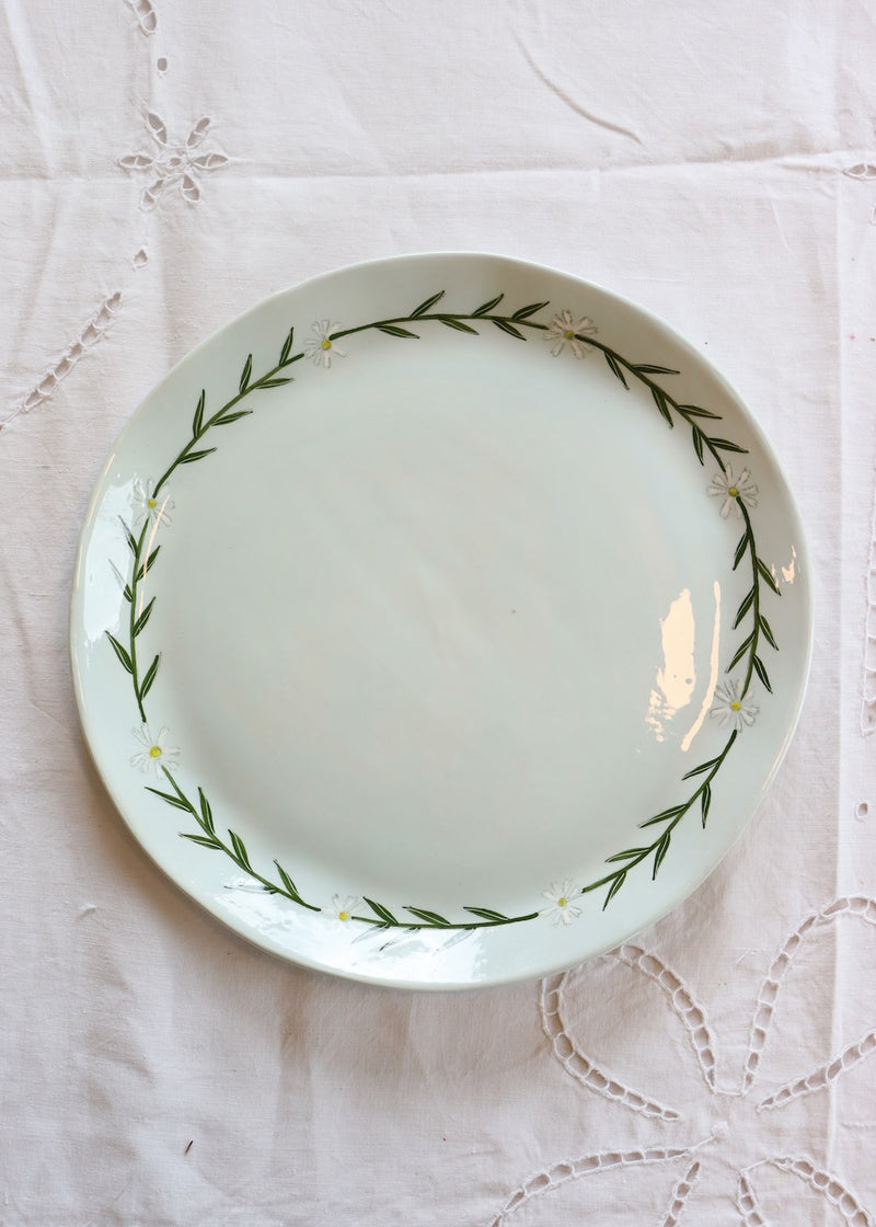 NEW: Large Round Serving Platter Pale Blue with White Daisy