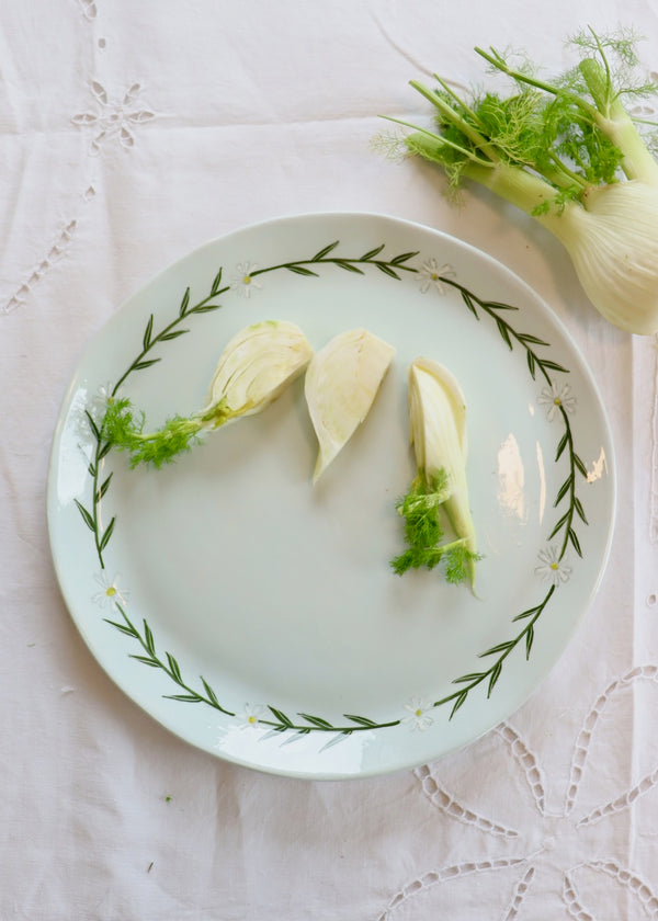 NEW: Large Round Serving Platter Pale Blue with White Daisy