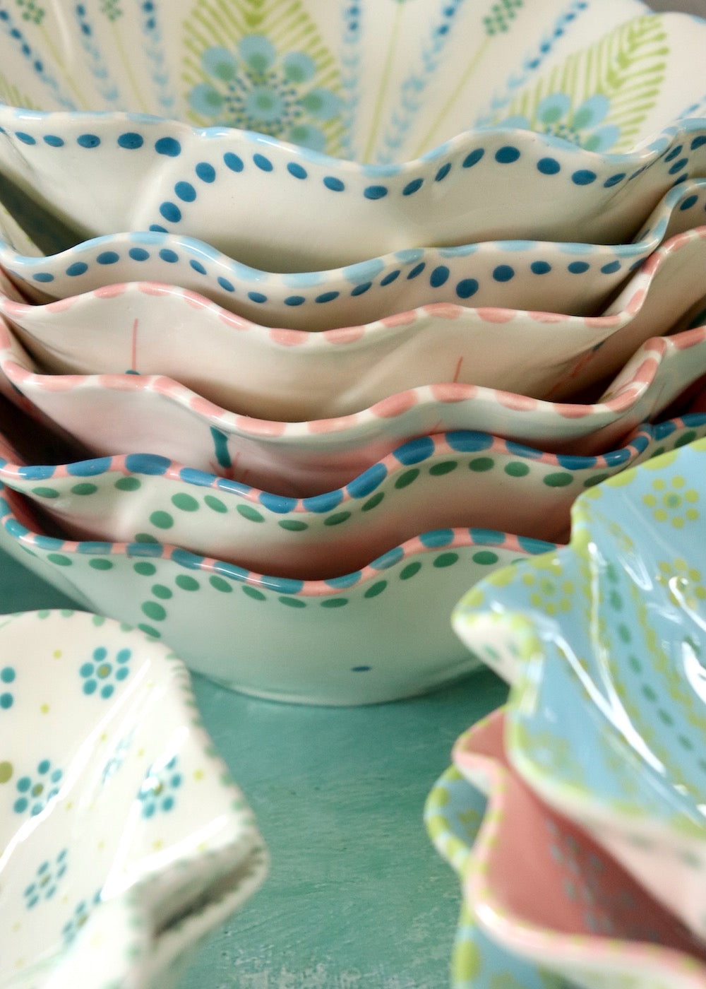 Pasta Bowl - Pink with Blue Feather Fronds