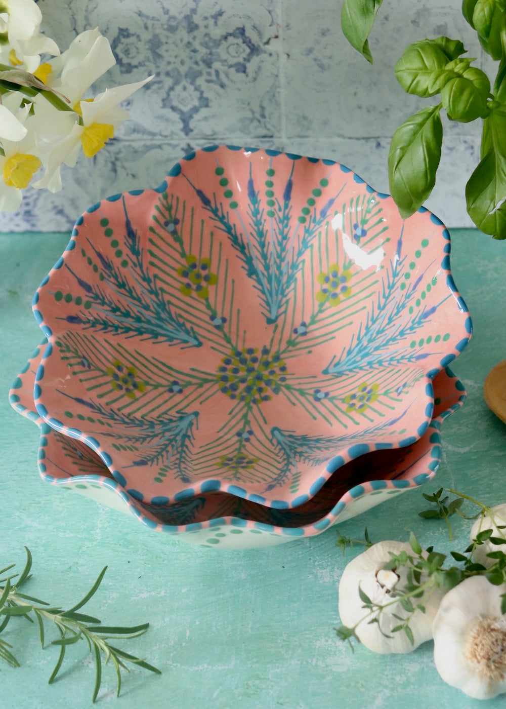 Pasta Bowl - Pink with Blue Feather Fronds