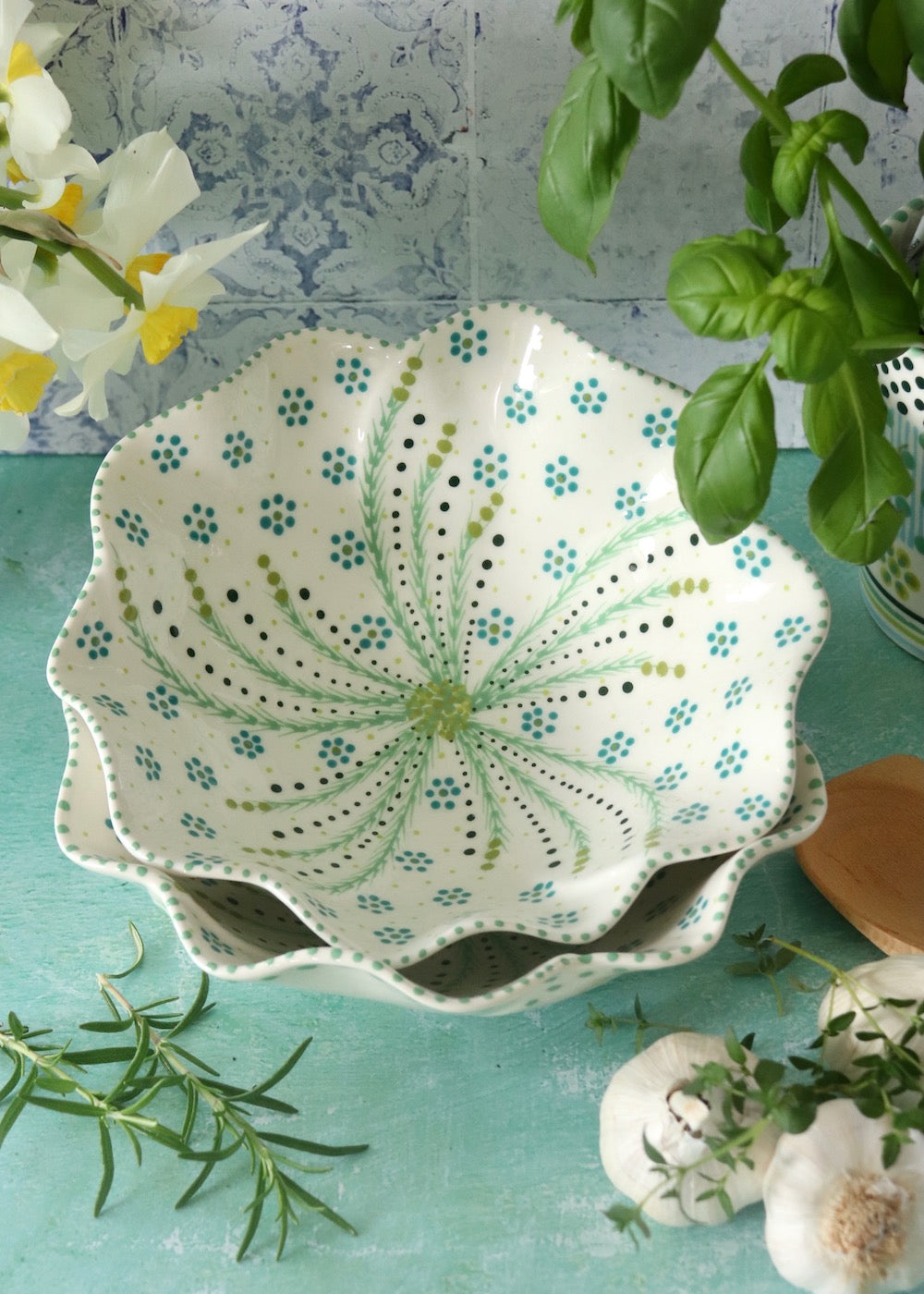 Pasta Bowl - White with Teal Fronds & Small Daisy Flowers
