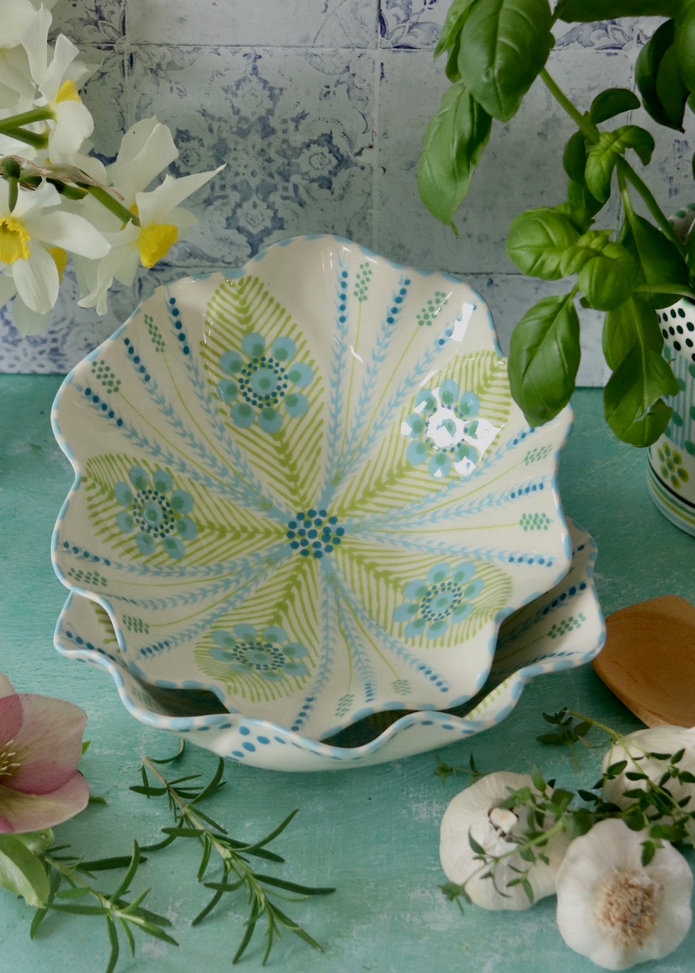 Pasta Bowl - White and Pale Blue Fronds