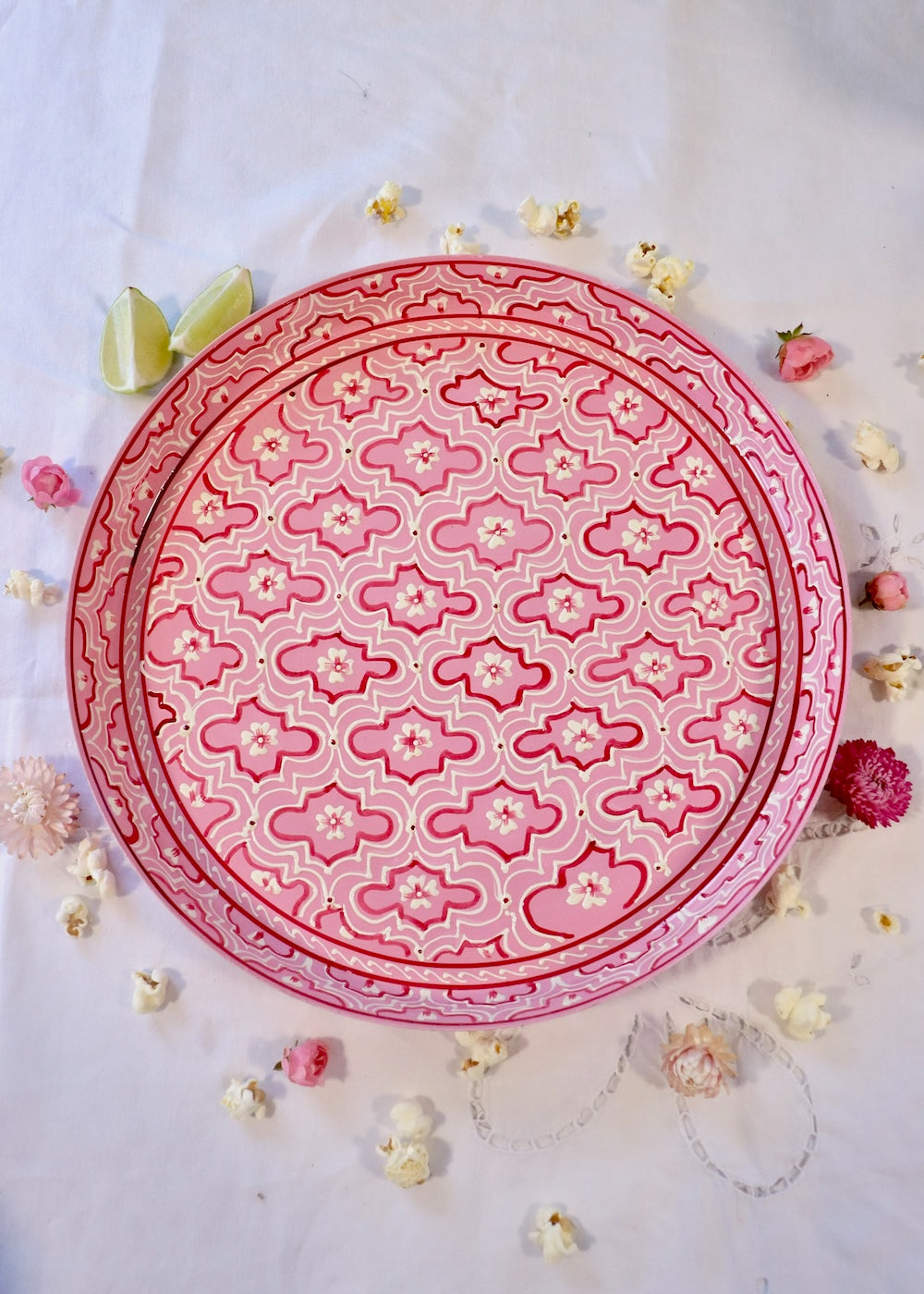 Hand Painted Round Thali Tray:  Retro Pink