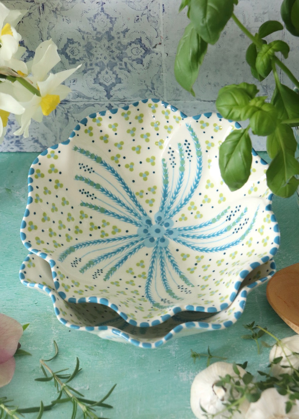 Pasta Bowl - White with Teal Flowers & Blue Fronds