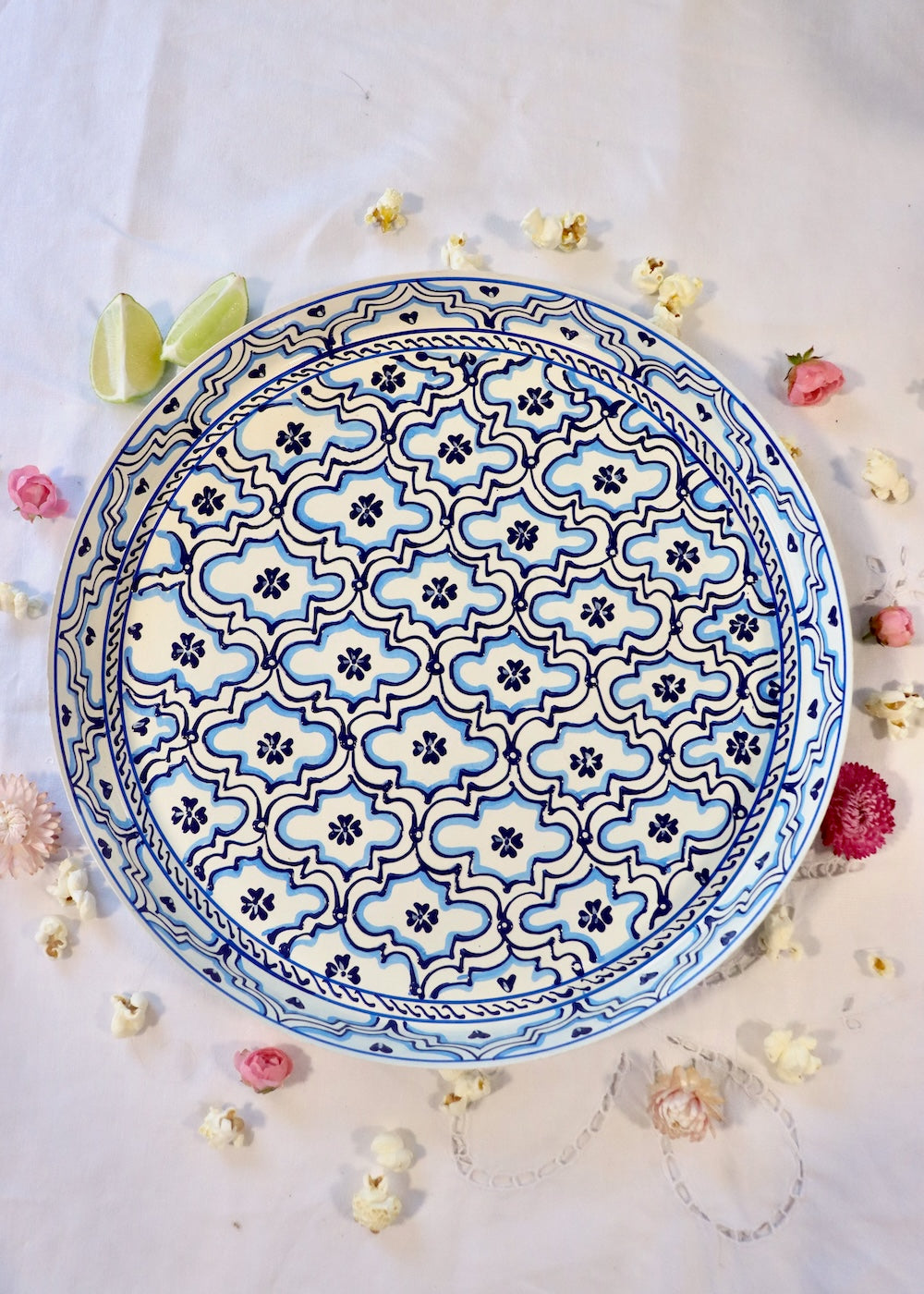 Hand Painted Round Thali Tray:  Retro White & Blue