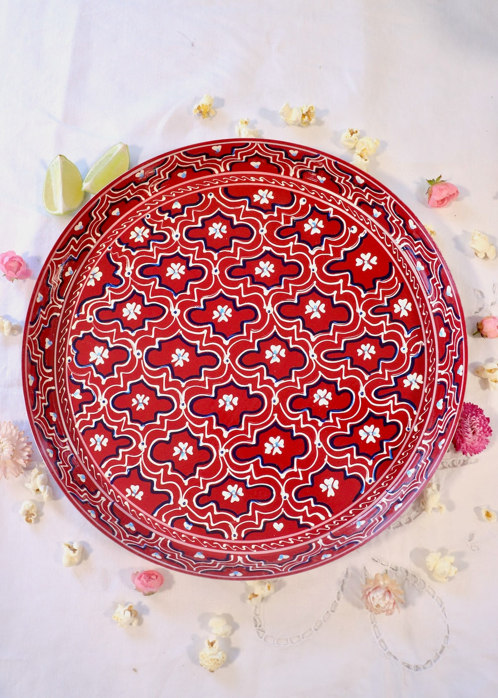 Hand Painted Round Thali Tray:  Claret