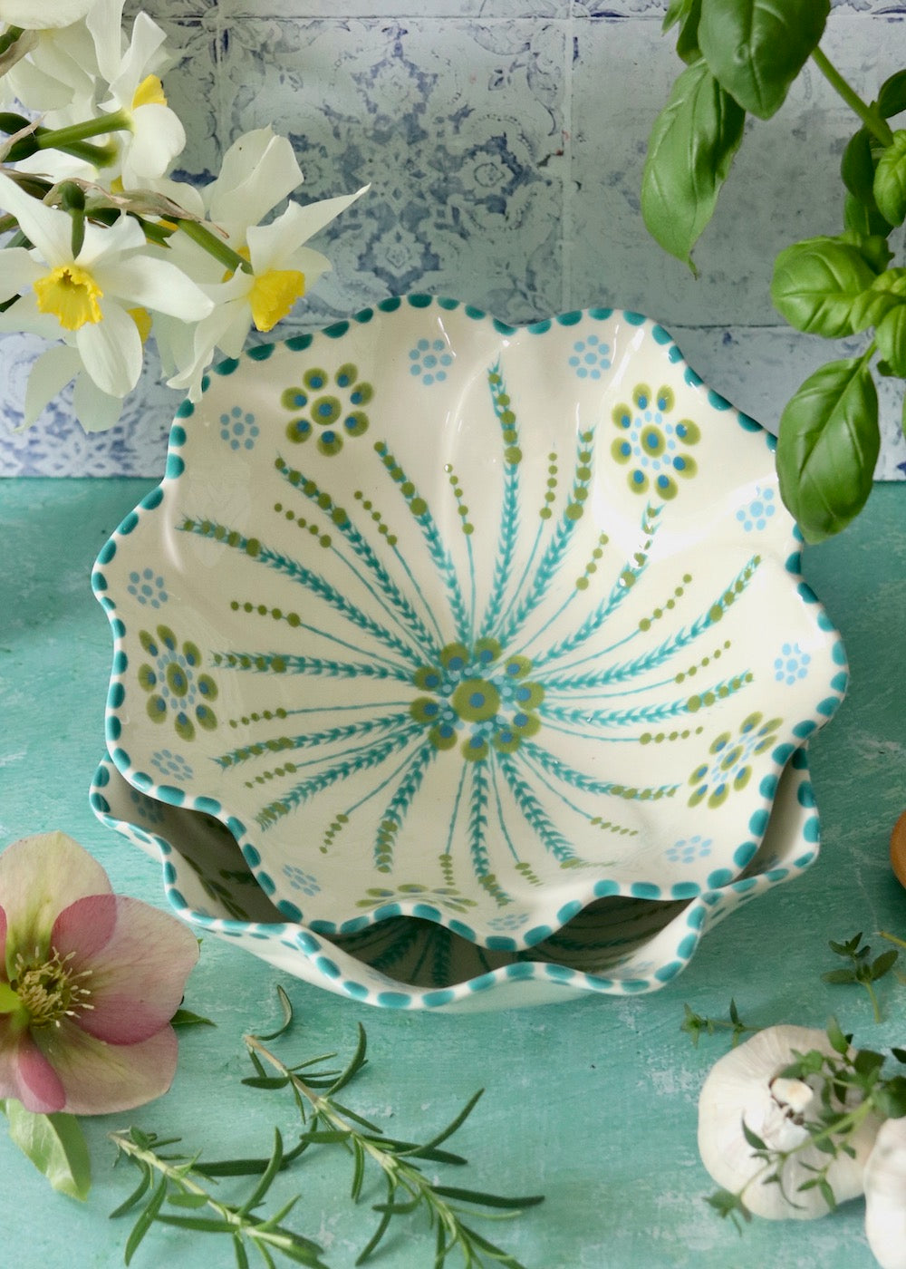 Pasta Bowl - White with Big Green Flower