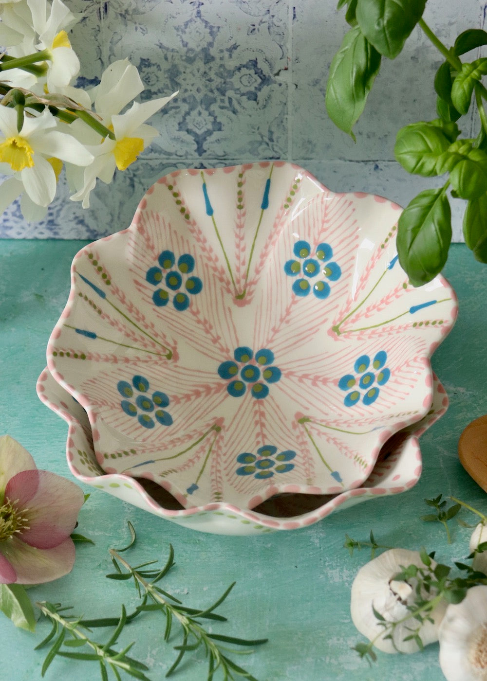 Pasta Bowl - White and Pink with Blue Flowers