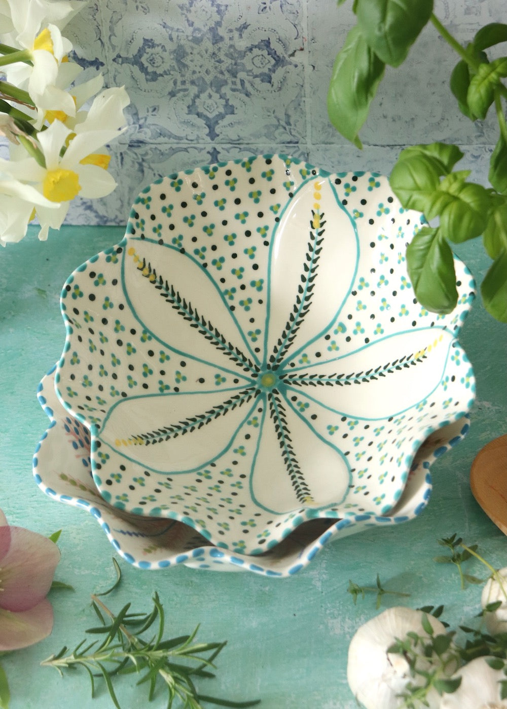Pasta Bowl - White with Deep Green Feather