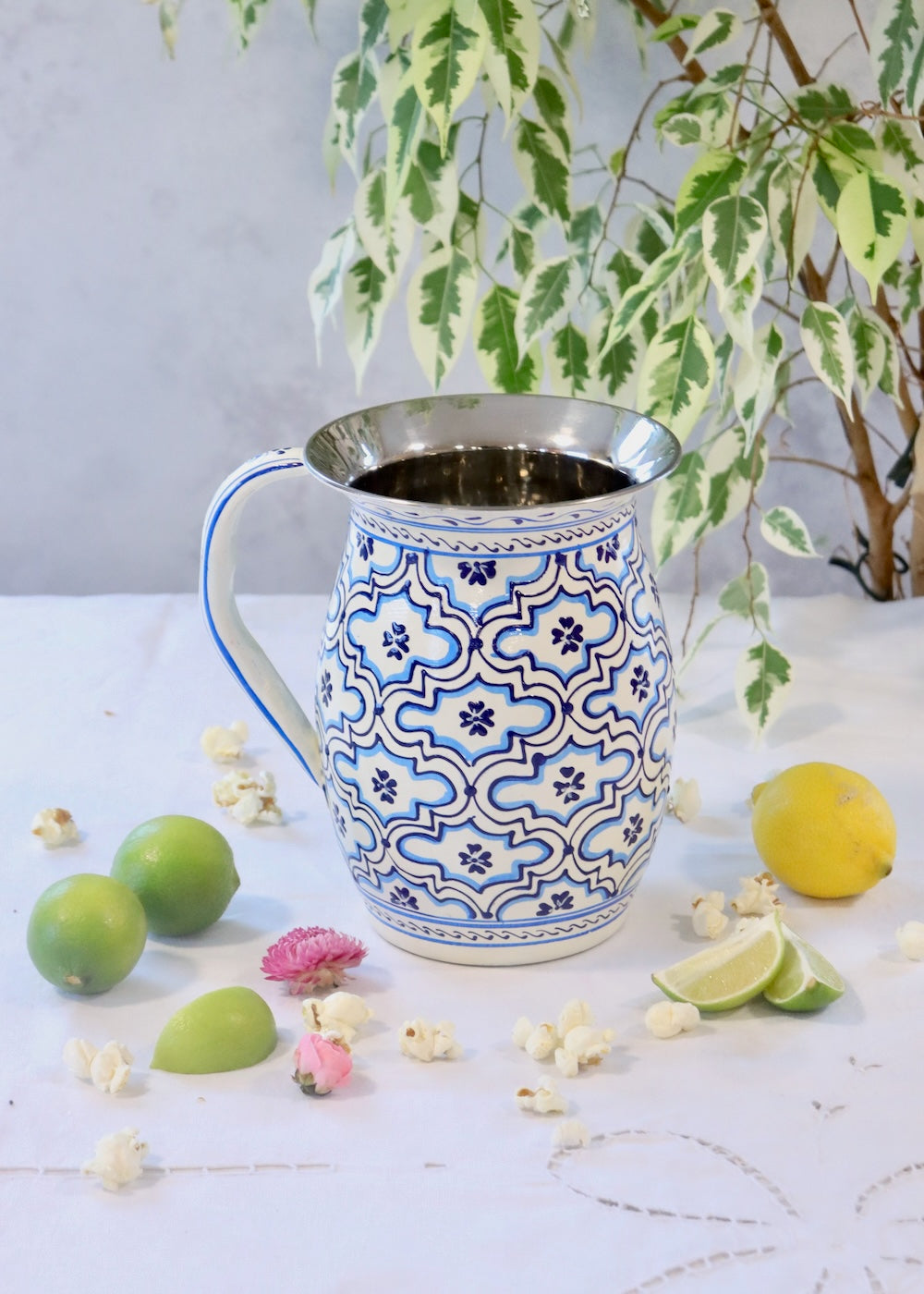 Painted Water Jug - White & Blue