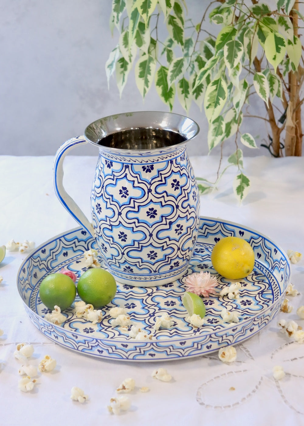 Painted Water Jug - White & Blue