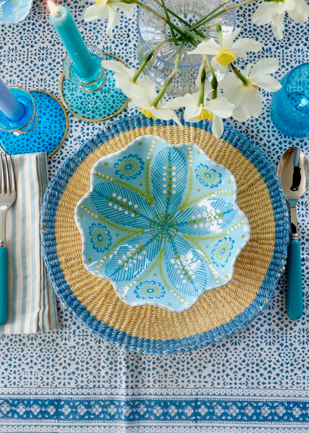 Pasta Bowl - Lime with Blue Feathers