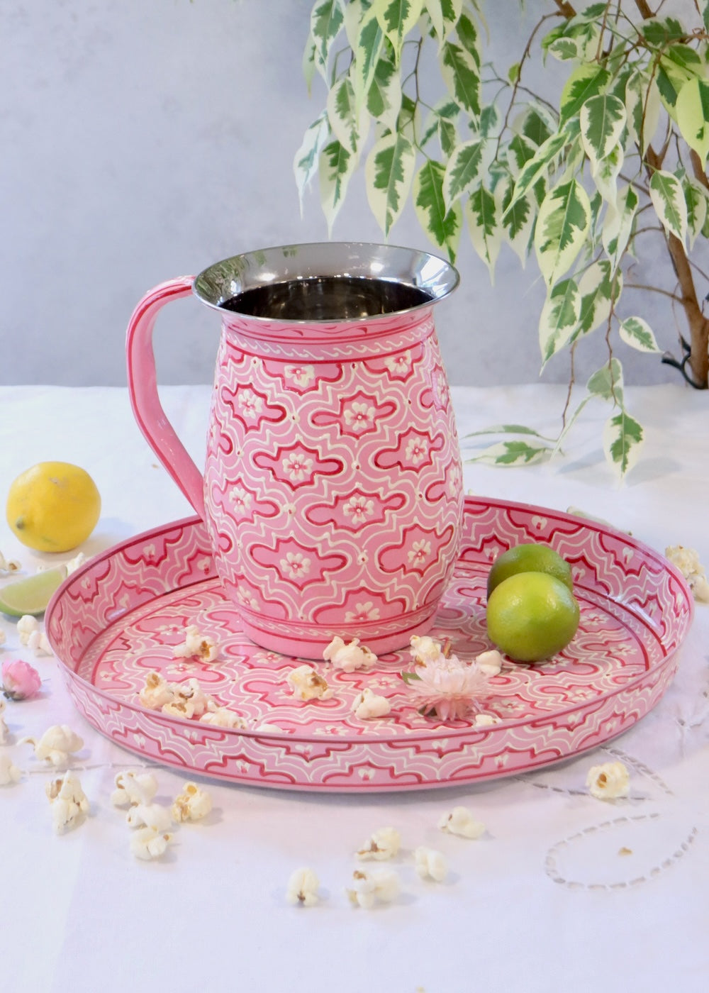 Hand Painted Round Thali Tray:  Retro Pink