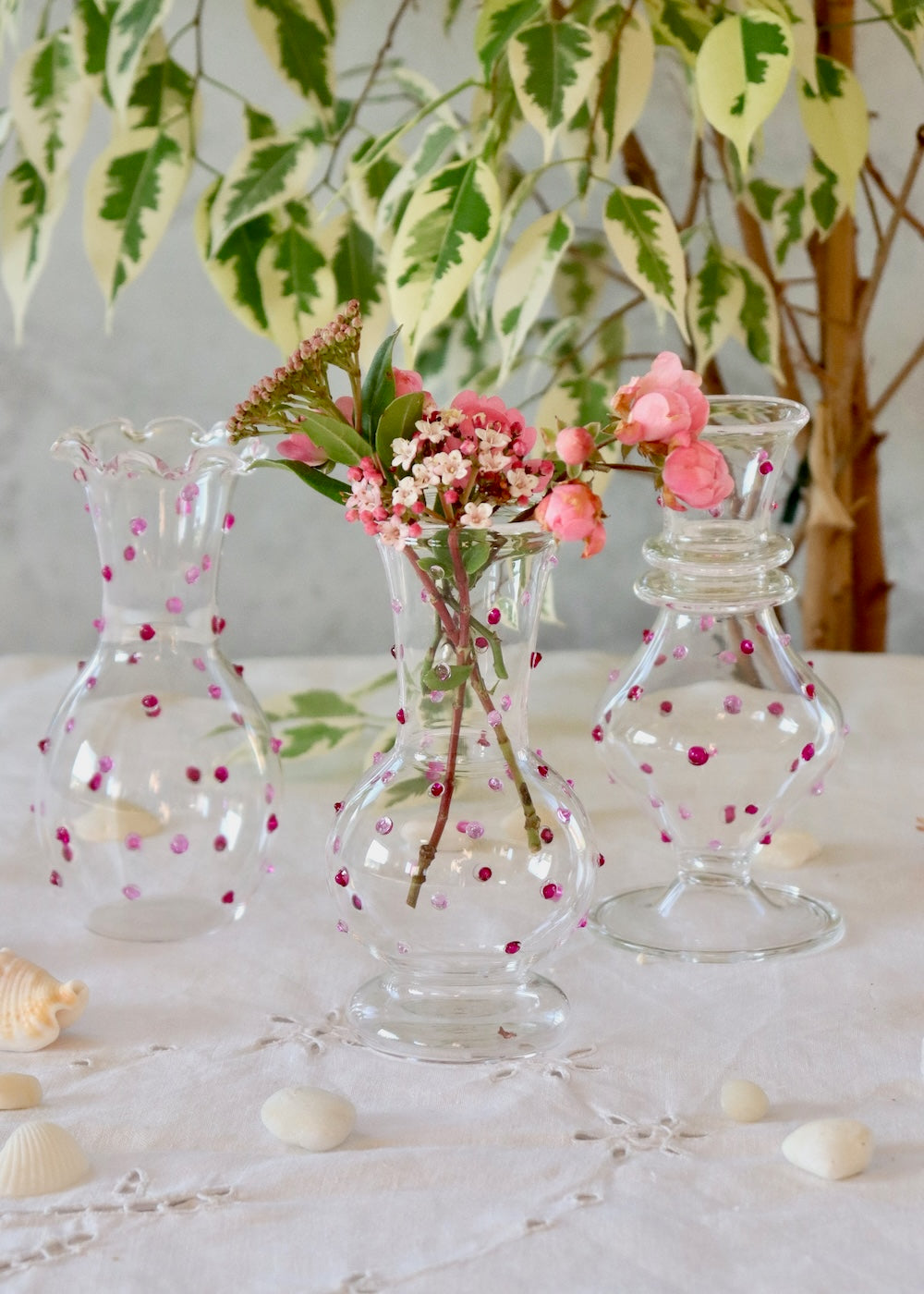 Set of 3 Glass Bud Vases - Hot Pink Dotty