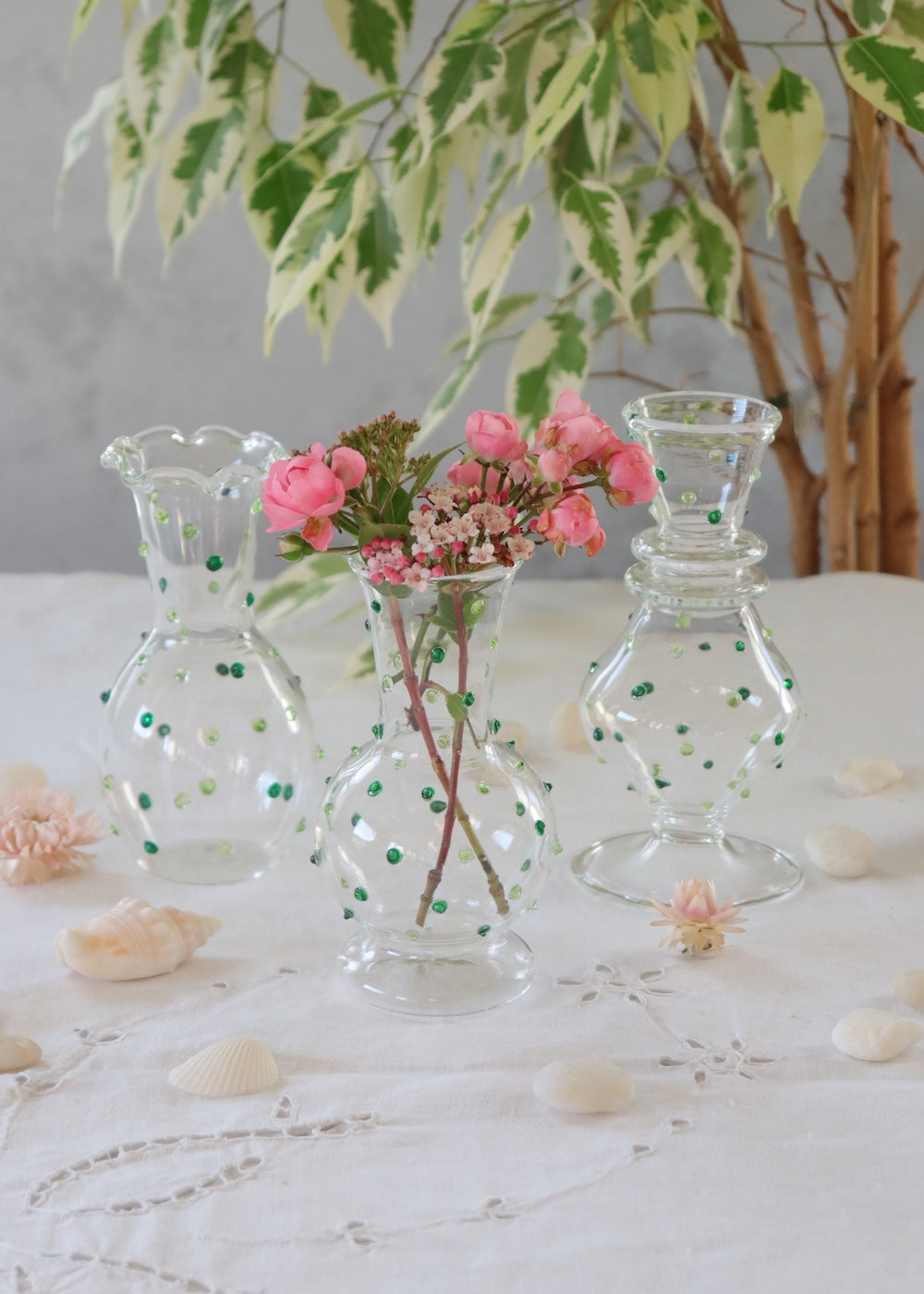 Set of 3 Glass Bud Vases - Lime Green Dotty