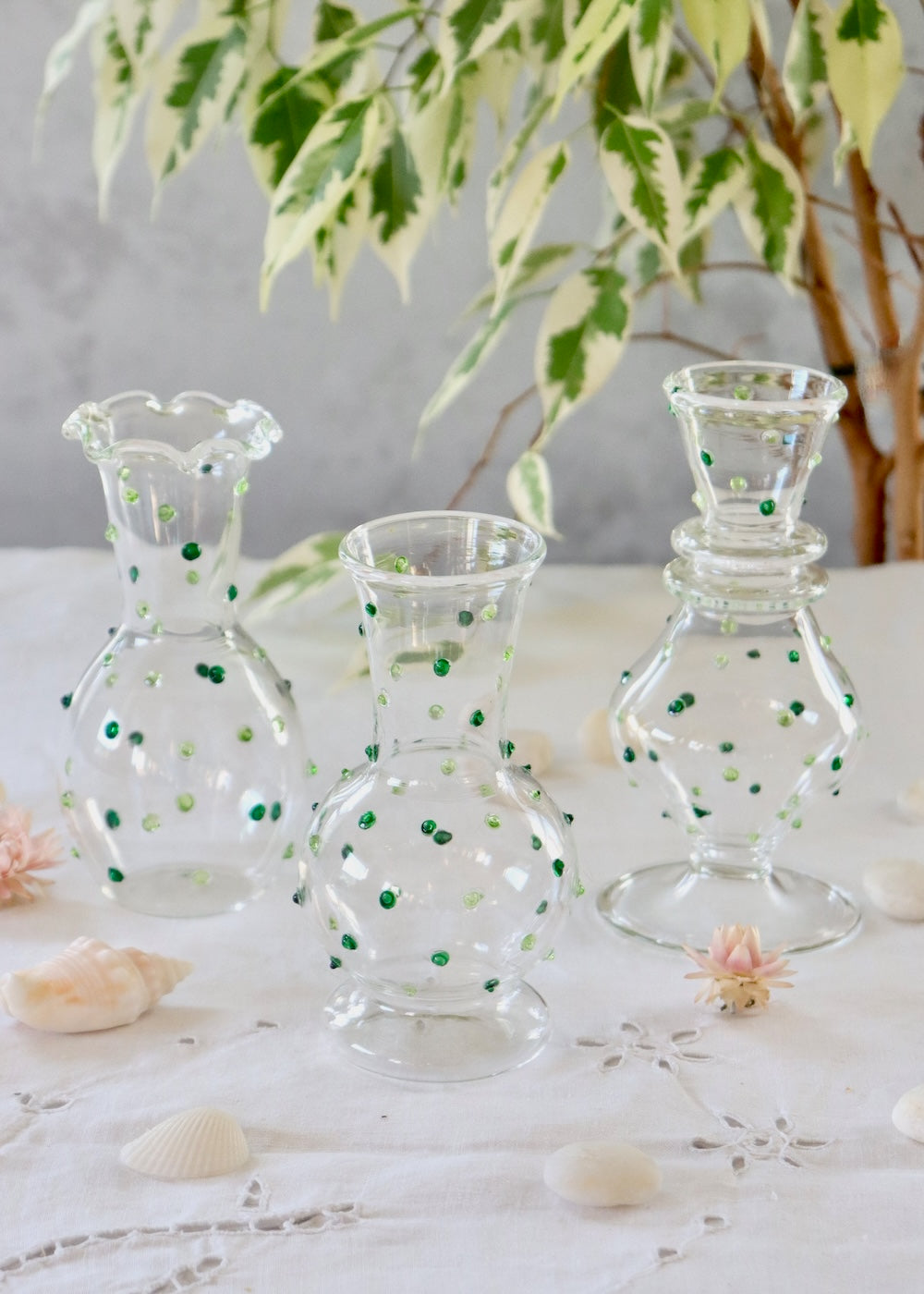 Set of 3 Glass Bud Vases - Lime Green Dotty