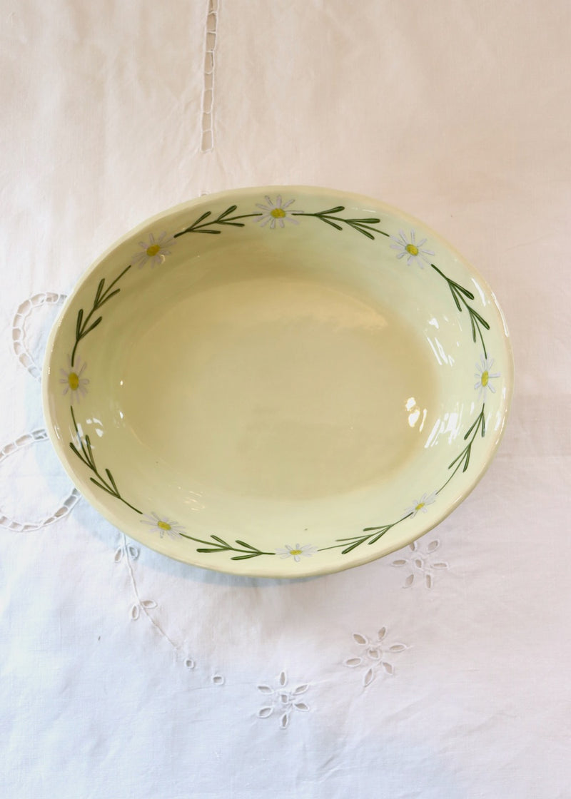 Gemma Orkin Oval Serving Bowl - Pale Pink Daisy on Pale Green