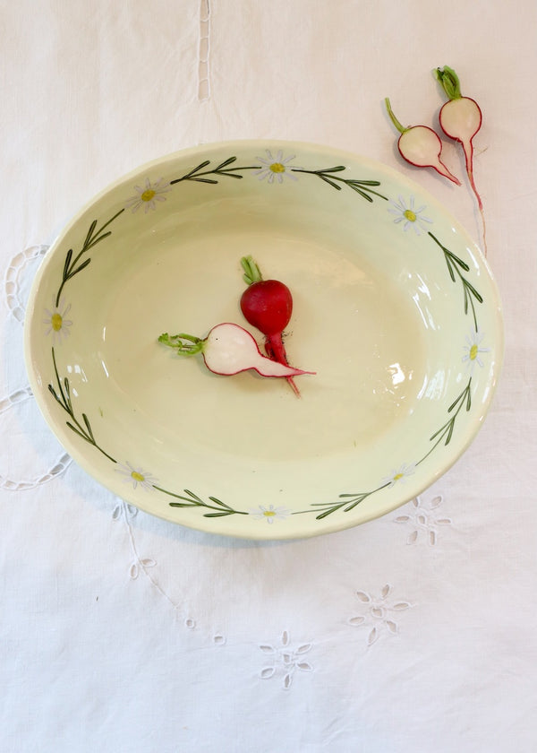 Gemma Orkin Oval Serving Bowl - Pale Pink Daisy on Pale Green