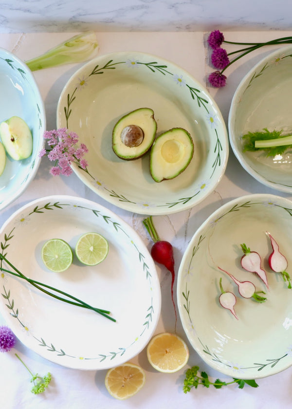 Gemma Orkin Oval Serving Bowl - Pale Pink Daisy on Pale Green