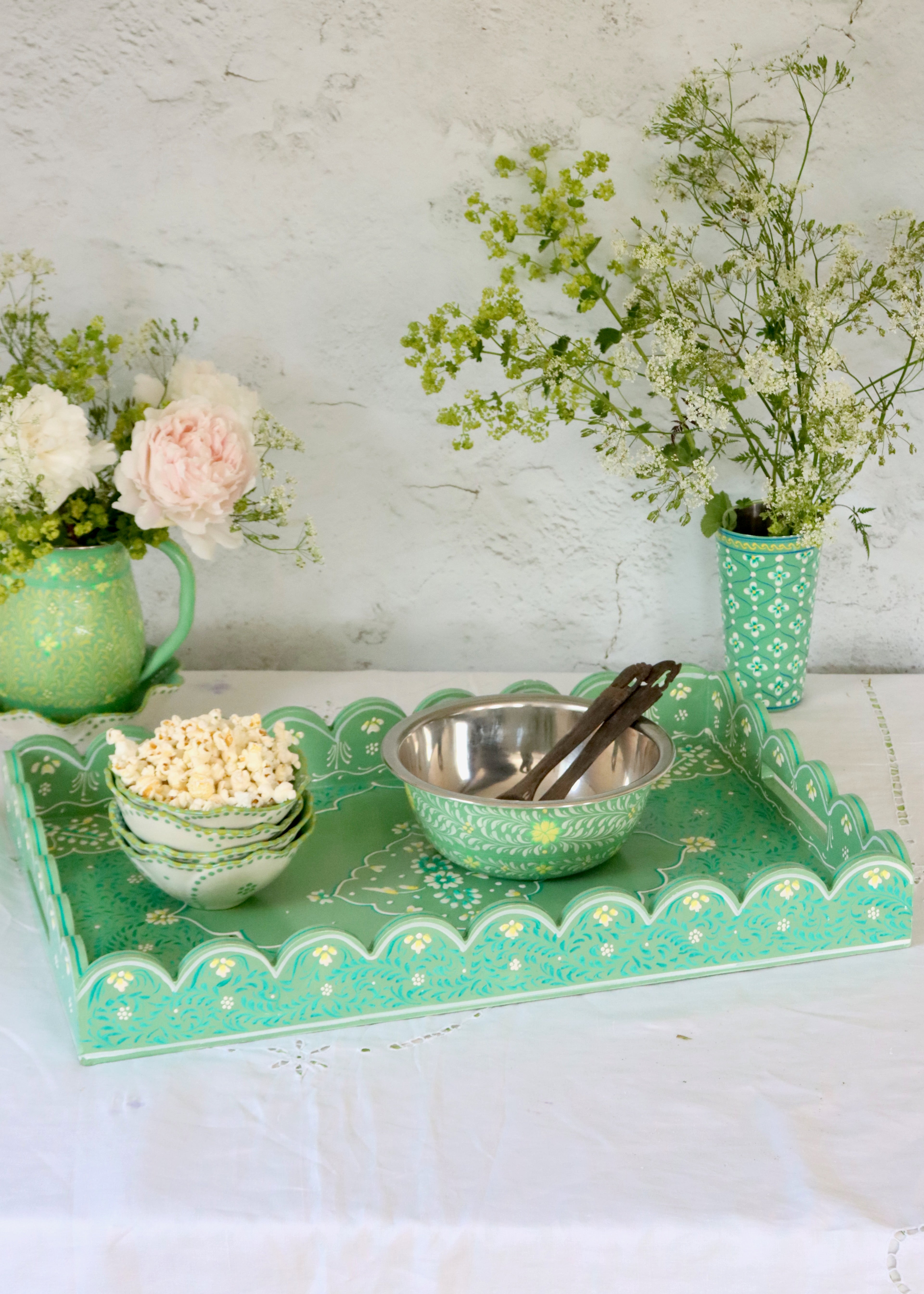 Large Scalloped Hand Painted Wooden Tray- Olive