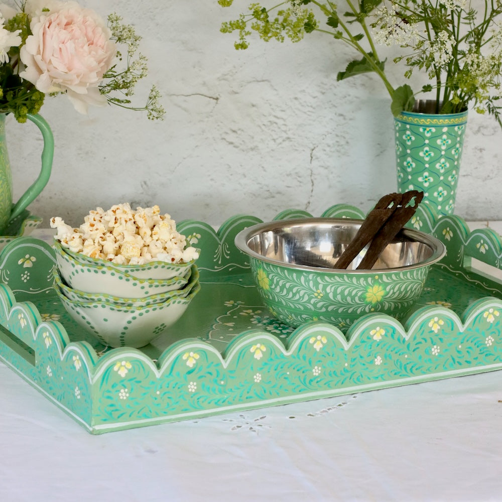Large Scalloped Hand Painted Wooden Tray- Olive