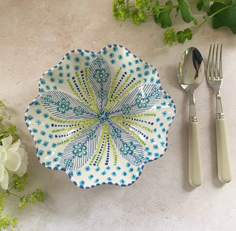 Pasta Bowl - White with Blue Flowers Blue Spots & Lime Fronds