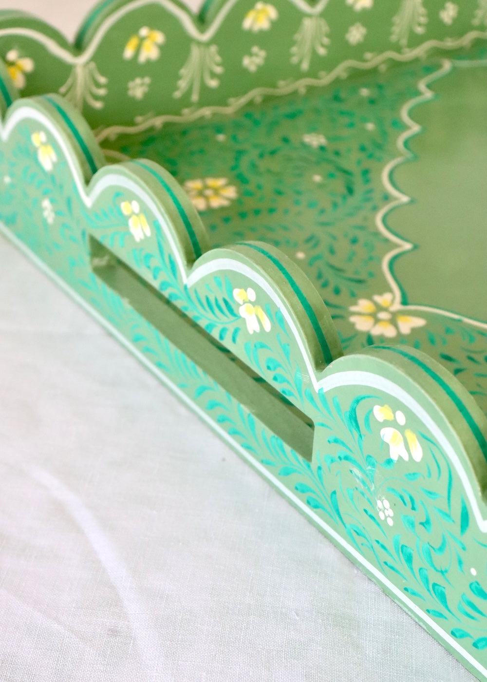 Large Scalloped Hand Painted Wooden Tray- Olive
