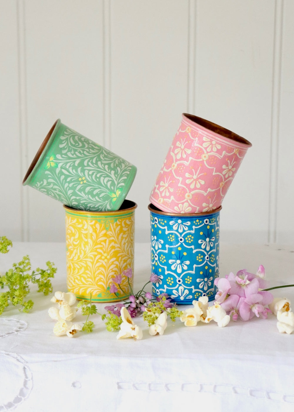 Copper Lined Brush Pot- Soft Pink Trellis