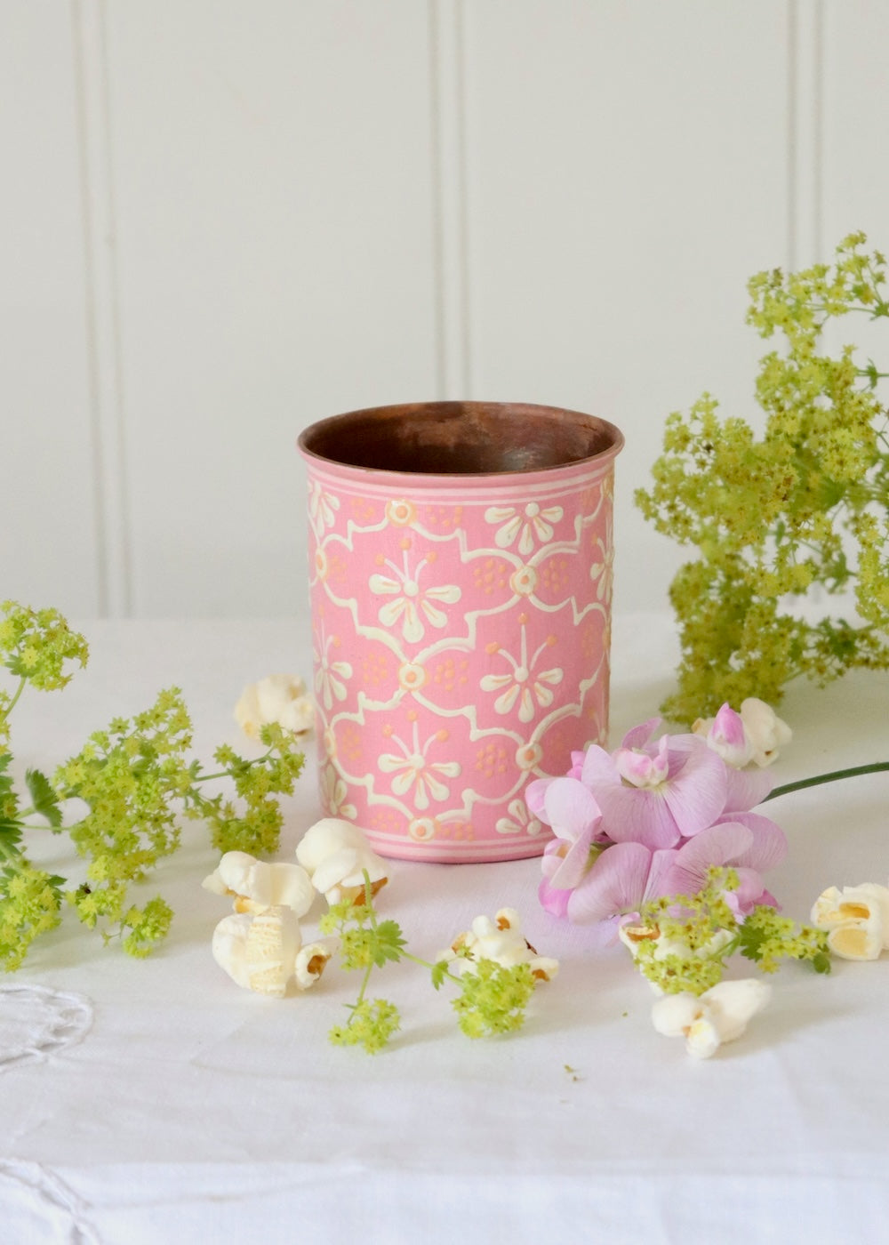 Copper Lined Brush Pot- Soft Pink Trellis