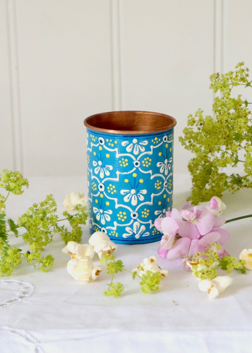 Copper Lined Brush Pot- Turquoise Trellis