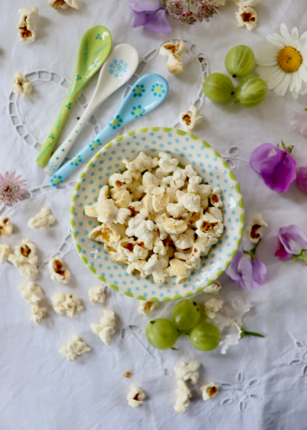 NEW IN: Nut Bowl - White with Lime & Pale Blue Circles